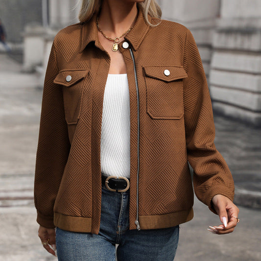 Damen Bomberjacke Braun mit Reißverschluss und Brusttaschen