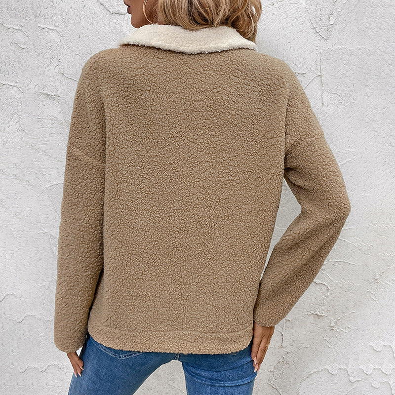 Damen Teddy-Fleece Oberteil mit Reißverschluss und Brusttasche