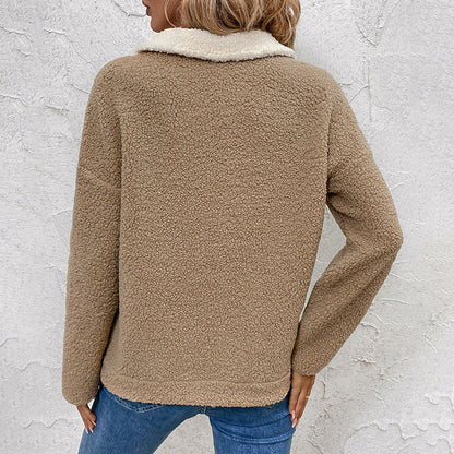 Damen Teddy-Fleece Oberteil mit Reißverschluss und Brusttasche
