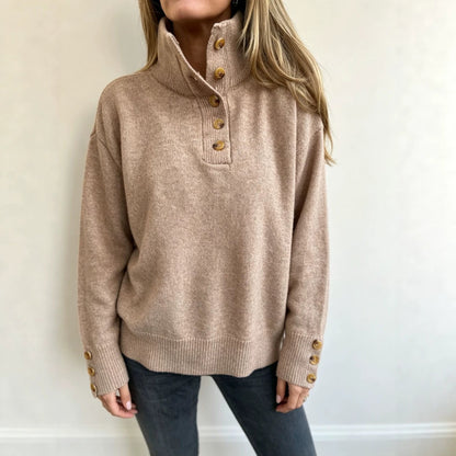 Damen Stehkragen Pullover mit Knopfleiste und Holzknöpfen an Ärmeln