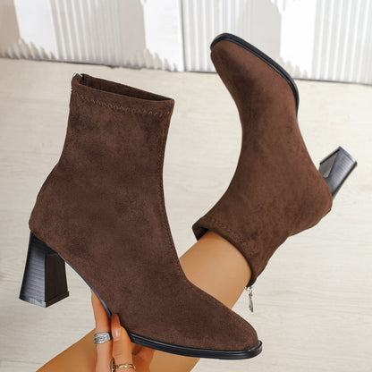 Damen Stiefelette mit Blockabsatz, Reißverschluss und eckiger Spitze