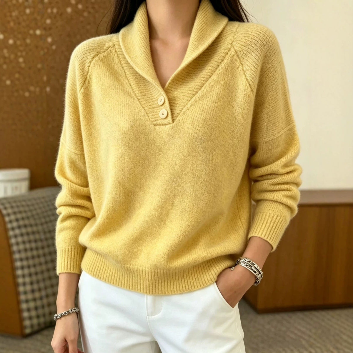 Damen Schalkragen Pullover mit Knöpfen - Weiches Strickoberteil