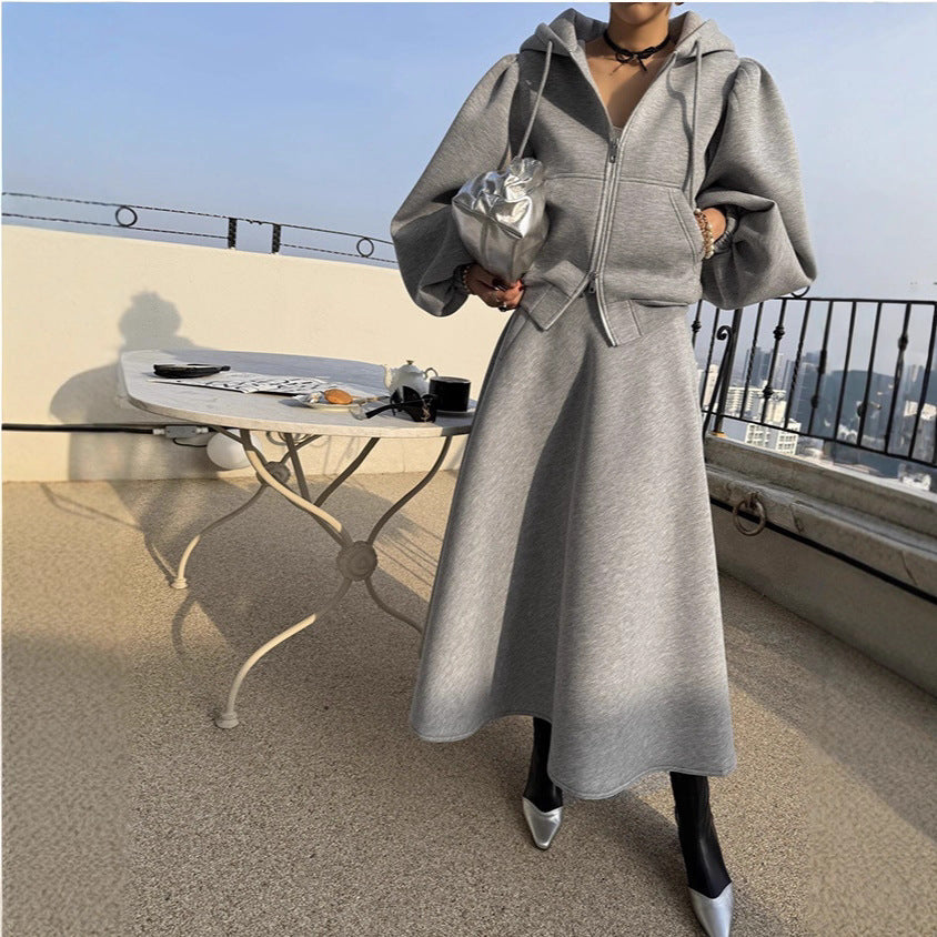 Damen Hoodie & Midirock Set mit Puffärmeln, Zweiteiler