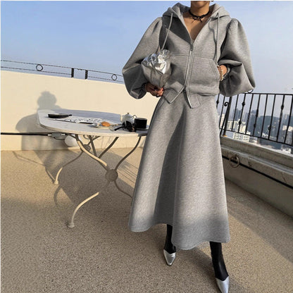 Damen Hoodie & Midirock Set mit Puffärmeln, Zweiteiler