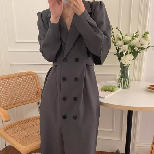 Damen Zweireiher Midi-Kleid mit Gürtel und Puffärmeln