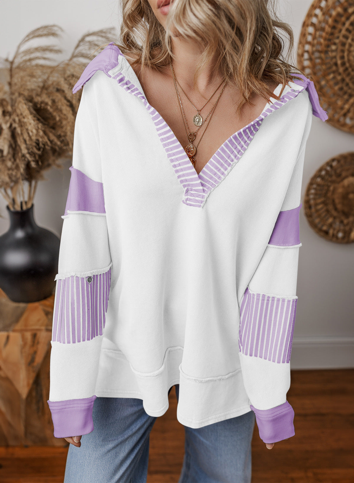 Damen Hoodie Pullover V-Ausschnitt Langarm Sweatshirt mit Streifenpatches