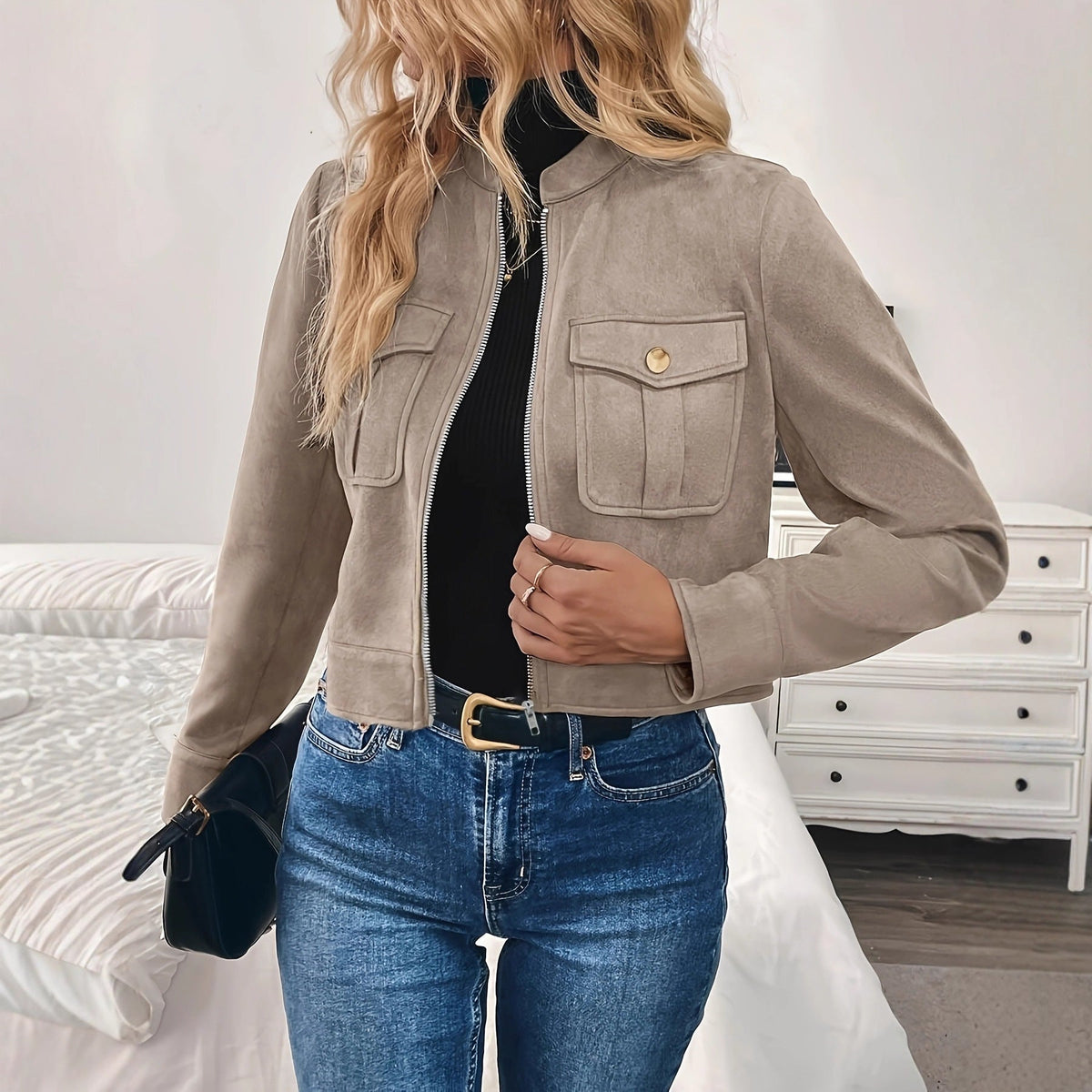 Damen Kurzjacke mit Reißverschluss und Klappentaschen