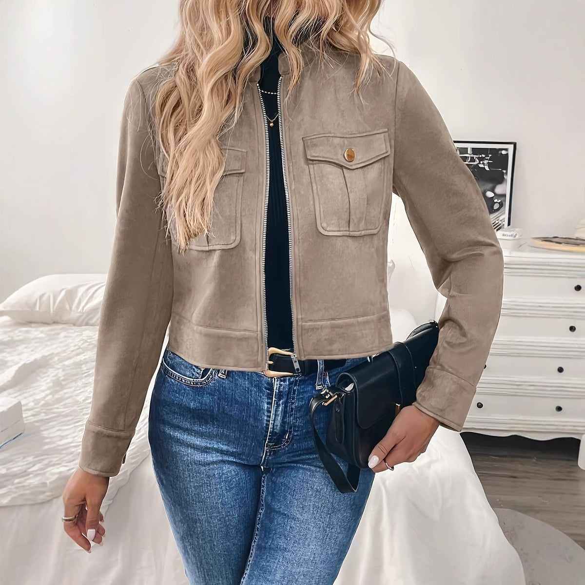 Damen Kurzjacke mit Reißverschluss und Klappentaschen