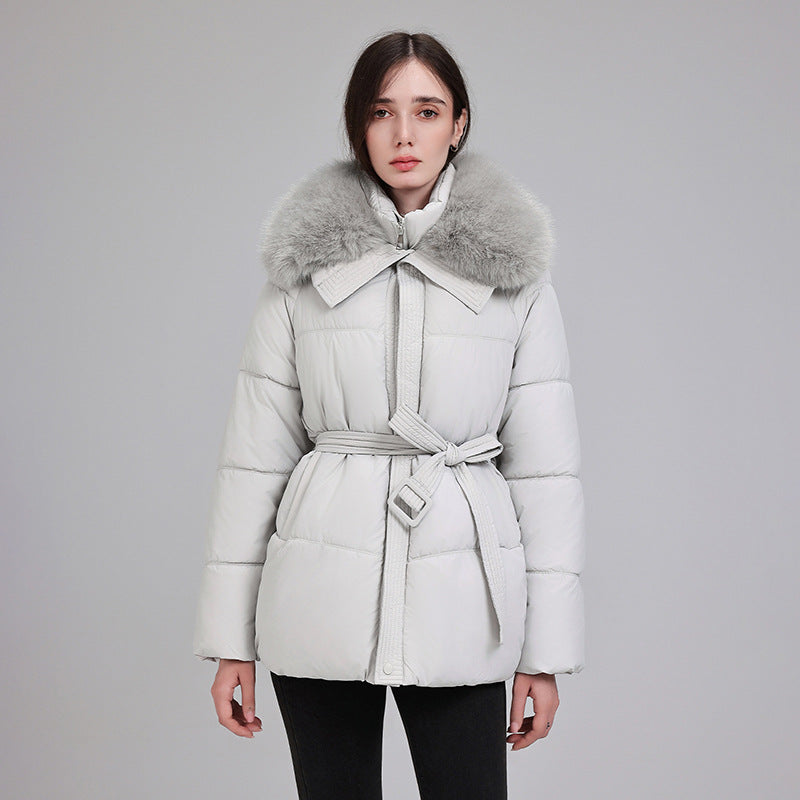 Damen Steppjacke Kurz mit Pelzkragen und Bindegürtel