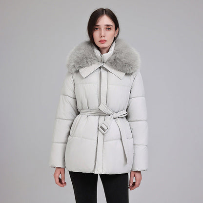 Damen Steppjacke Kurz mit Pelzkragen und Bindegürtel