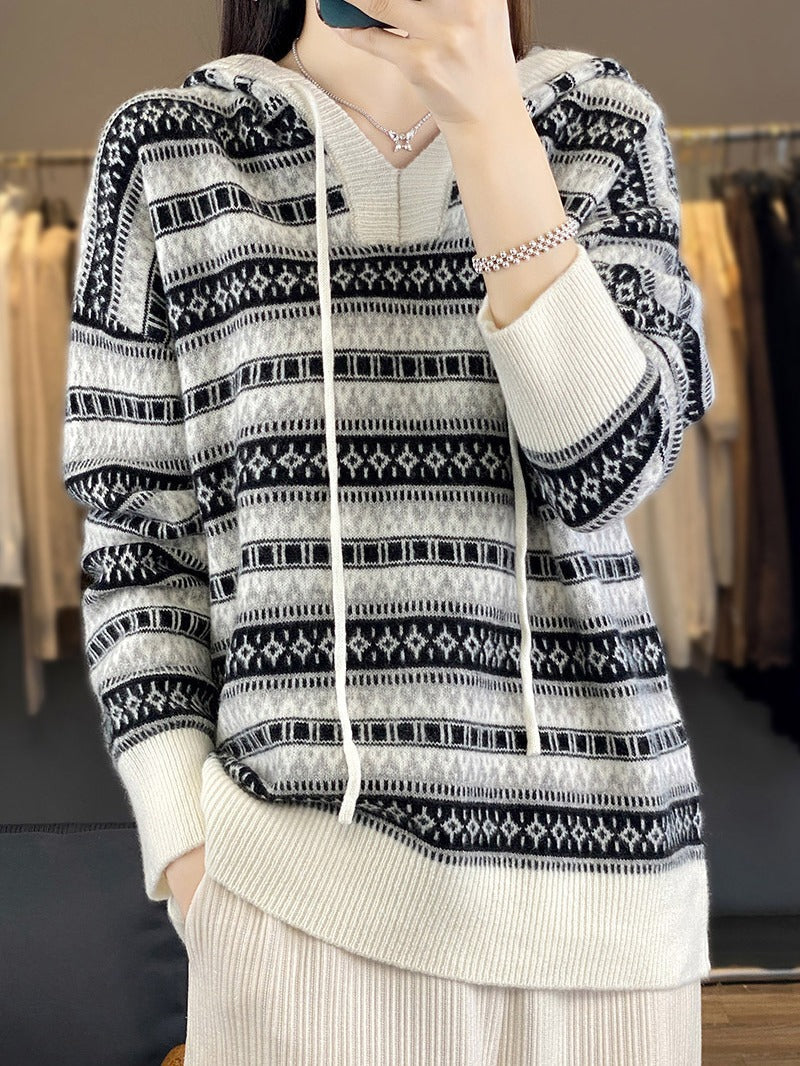 Strick Pullover mit Kapuze und Norwegermuster, Orange-Weiß oder Schwarz-Weiß