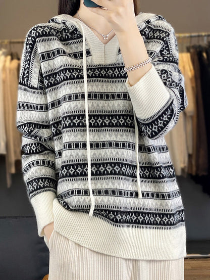 Strick Pullover mit Kapuze und Norwegermuster, Orange-Weiß oder Schwarz-Weiß