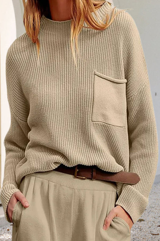 Gerippter Damen Mock-Neck Pullover mit Brusttasche - Langarm Strickpullover