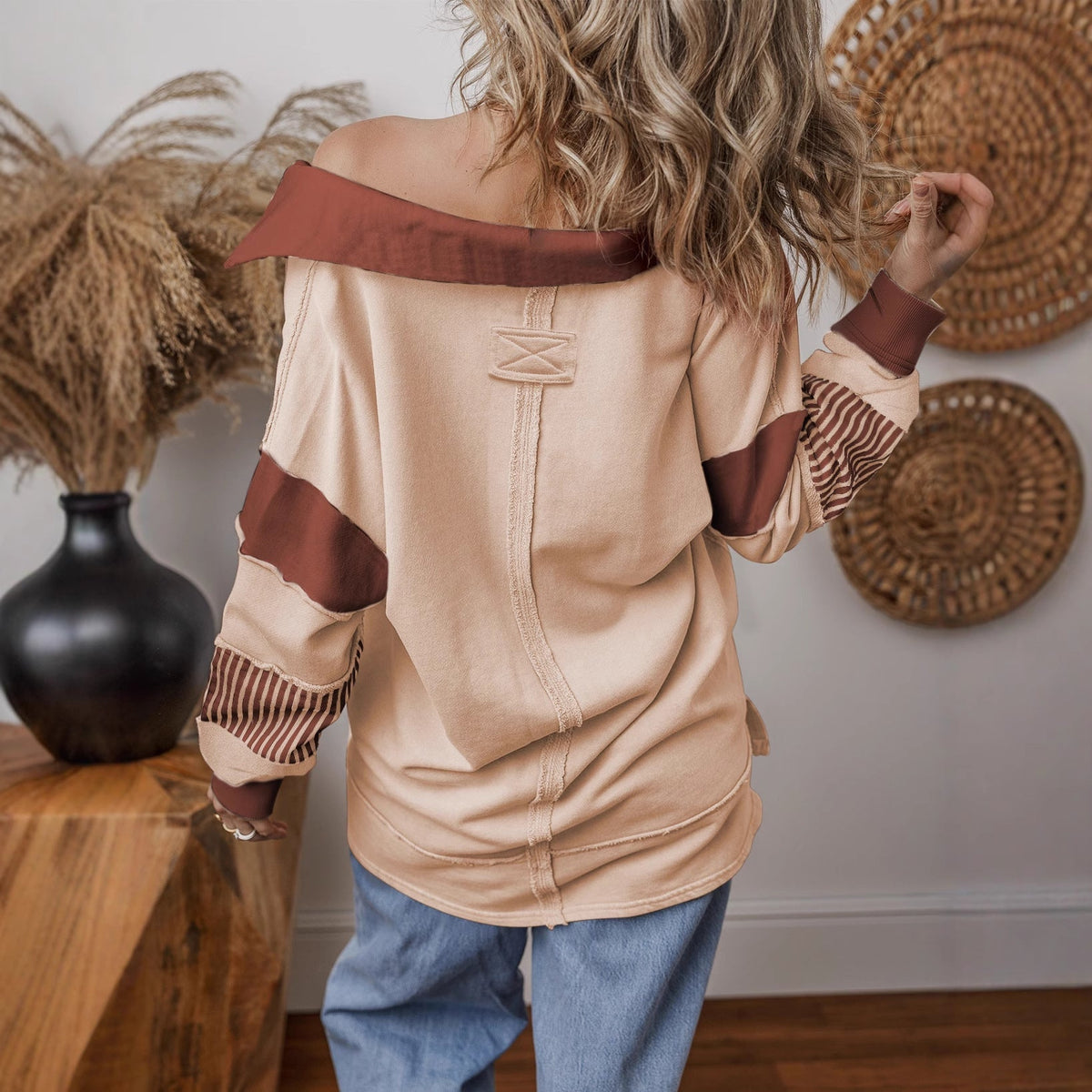 Damen Hoodie Pullover V-Ausschnitt Langarm Sweatshirt mit Streifenpatches