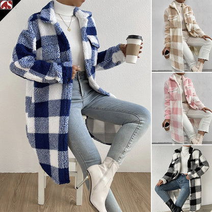 Damen Karierter Teddy Mantel Lange Shacket Jacke mit Knöpfen