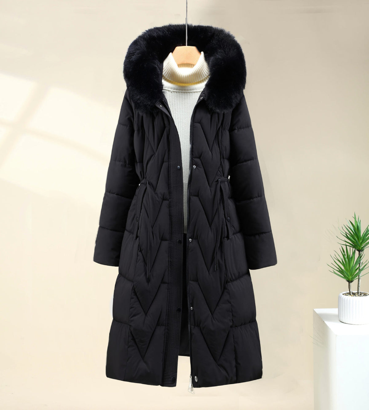 Damen Winter Steppmantel Lang mit Kapuze und Fellkragen Schwarz