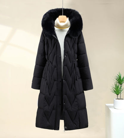 Damen Winter Steppmantel Lang mit Kapuze und Fellkragen Schwarz