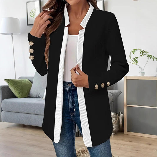 Damen Long Blazer Sakko Offene Vorderseite Goldknöpfe Schwarz Weiß