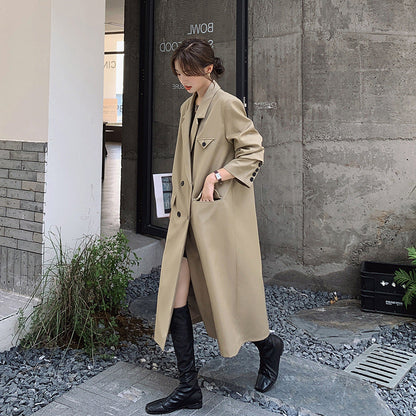 Damen Langer Trenchcoat Mantel Zweireihig Beige Reverskragen