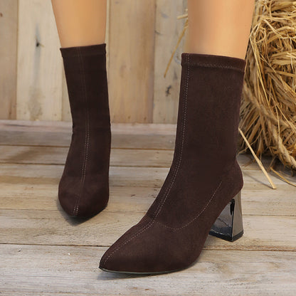 Stiefeletten Damen Spitz Zehenabsatz Stretch Schaft Dunkelbraun Blockabsatz