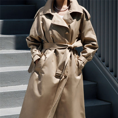 Damen Trenchcoat Lang Übergangsjacke mit Gürtel Khaki