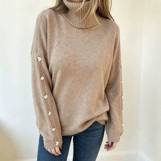 Damen Rollkragenpullover mit Zierknöpfen an den Ärmeln