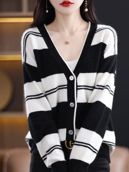 Damen Streifen Cardigan mit V-Ausschnitt und Knopfleiste