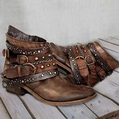 Damen Western Stiefel Vintage-Optik Ankle Boots mit Nieten und Schnallen