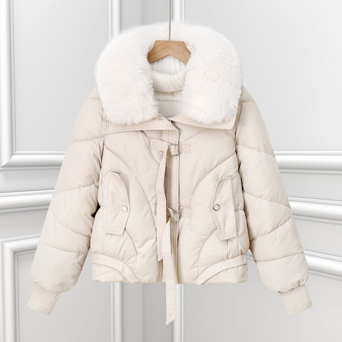 Damen Winter Steppjacke mit großem Fellkragen Kurz Wattierte Jacke
