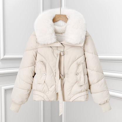 Damen Winter Steppjacke mit großem Fellkragen Kurz Wattierte Jacke