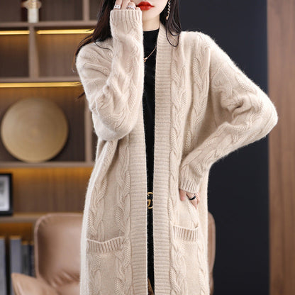Damen Langer Strick-Cardigan mit Streifen oder Zopfmuster
