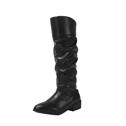 Schwarze Kniehohe Stiefel mit gerafftem Schaft und flachem Absatz