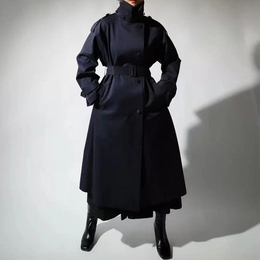 Trenchcoat Damen Stehkragen Gürtel Lang Doppelte Knopfleiste