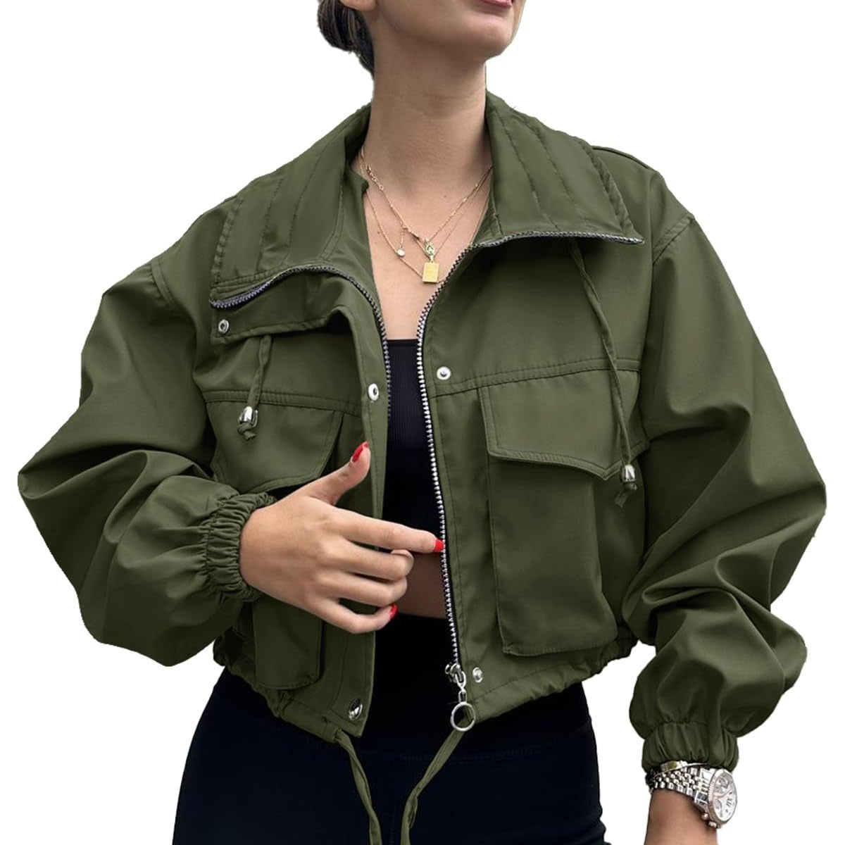 Kurze Damen Bomberjacke mit Stehkragen & Taschen