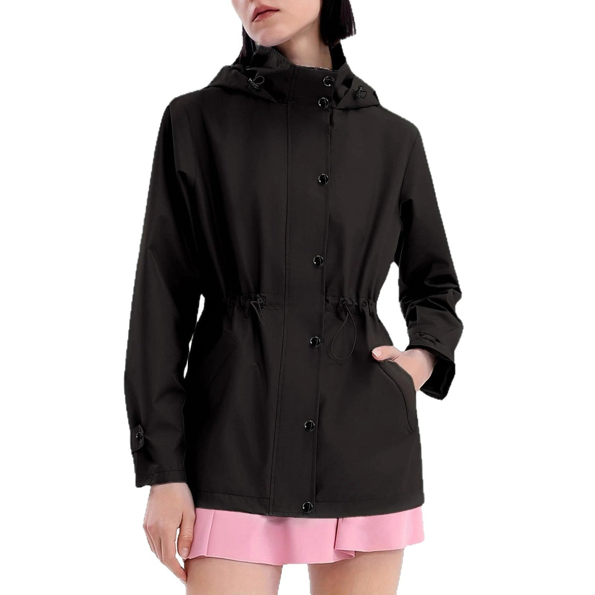 Damen Regenjacke mit Kapuze und Tunnelzug in Elfenbein, Schwarz, Lavendel oder Olivgrün