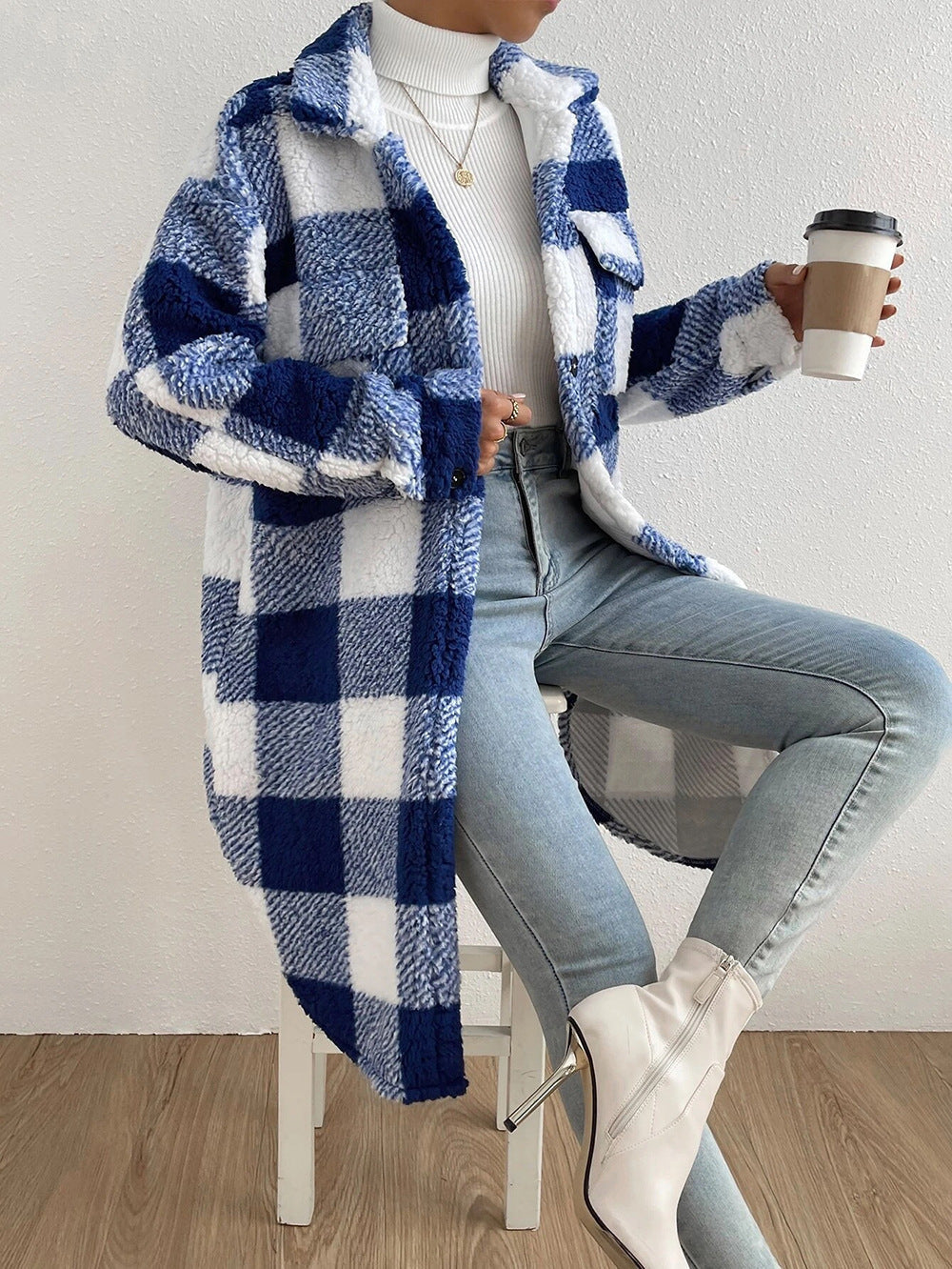 Damen Karierter Teddy Mantel Lange Shacket Jacke mit Knöpfen
