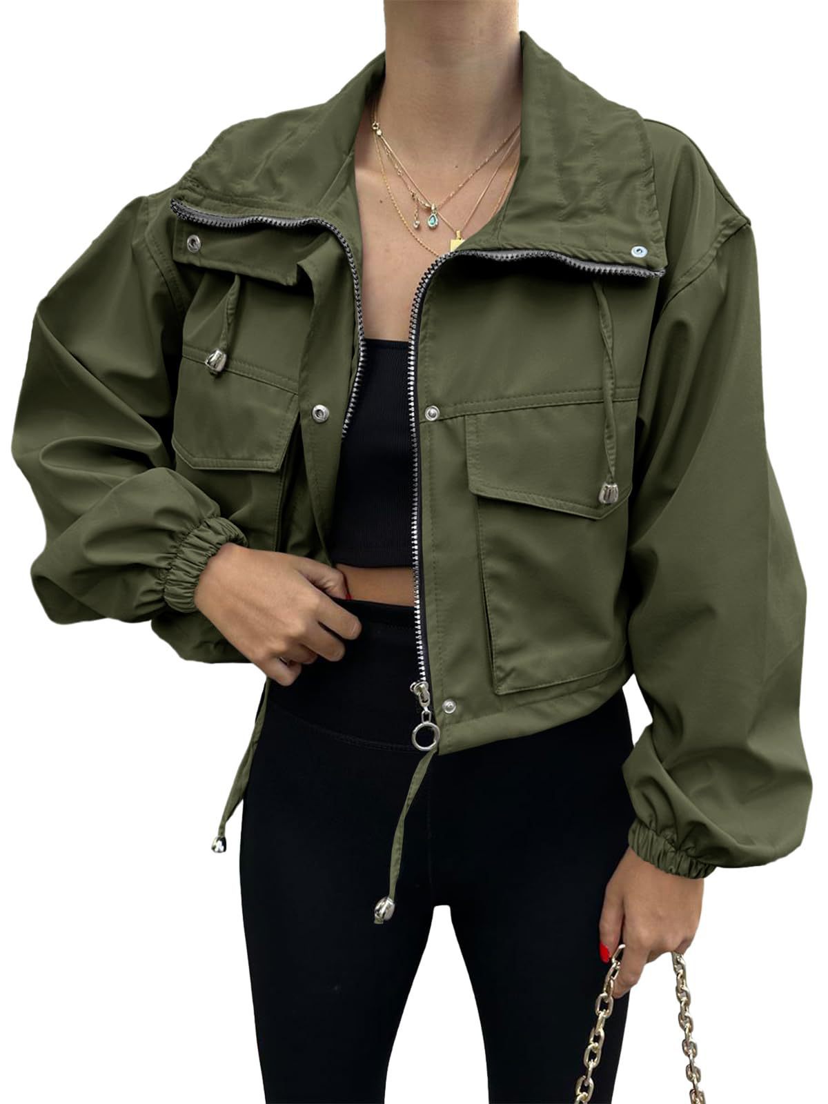 Kurze Damen Bomberjacke mit Stehkragen & Taschen