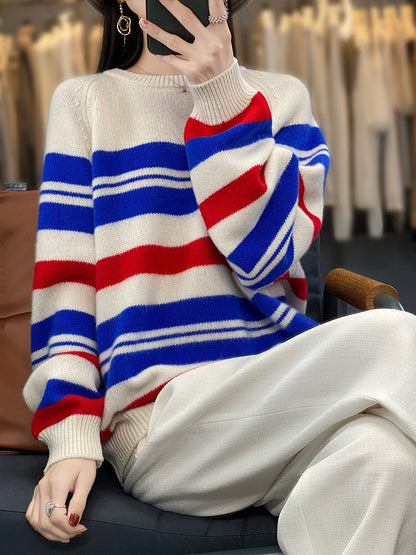 Damen Oversize Streifenpullover mit Rundhalsausschnitt Rot Blau Cremeweiß