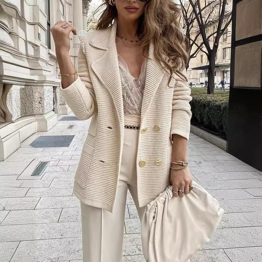 Damen Strukturstrick Blazer Zweireiher mit Reverskragen