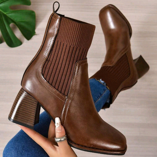 Damen Stiefeletten mit Blockabsatz, quadratischer Spitze und Strick-Schaft