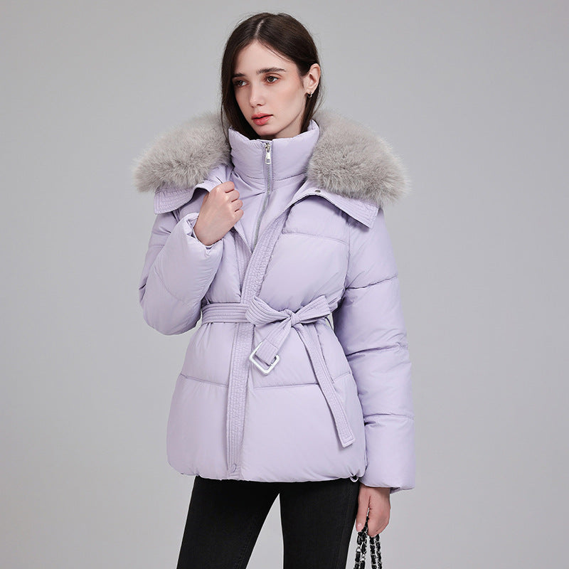 Damen Steppjacke Kurz mit Pelzkragen und Bindegürtel