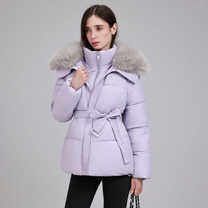 Damen Steppjacke Kurz mit Pelzkragen und Bindegürtel