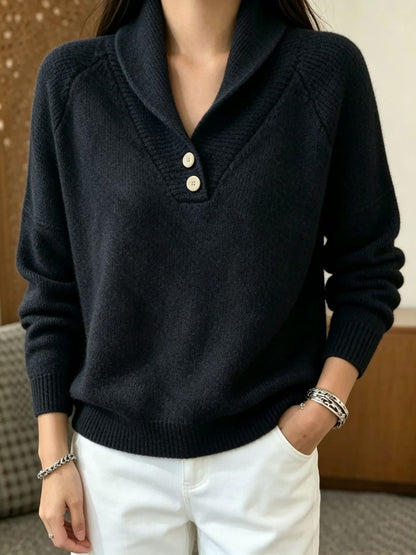 Damen Schalkragen Pullover mit Knöpfen - Weiches Strickoberteil