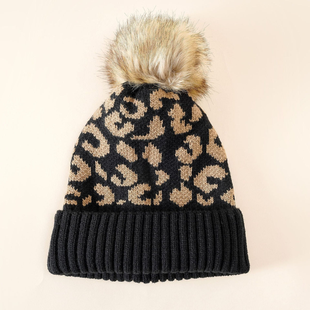 Strickmütze mit Leopardenmuster und Bommel für Damen