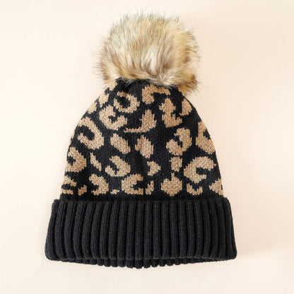 Strickmütze mit Leopardenmuster und Bommel für Damen