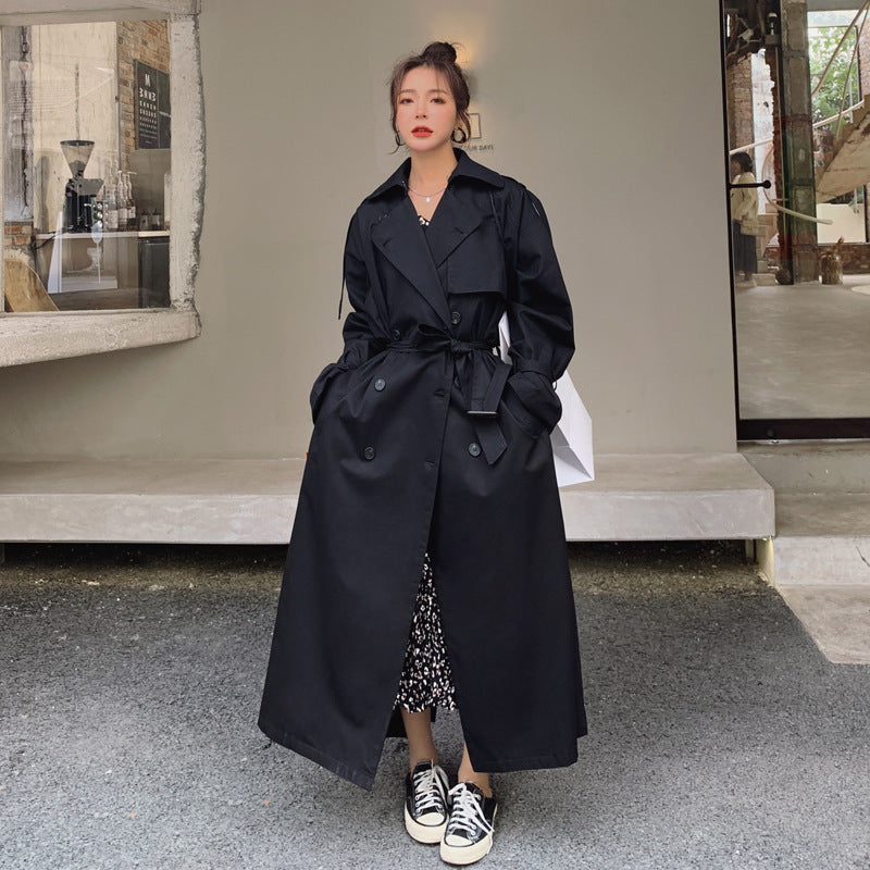 Damen Langer Trenchcoat Schwarz Doppelreiher mit Bindegürtel