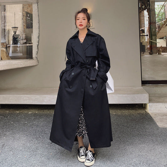 Damen Langer Trenchcoat Schwarz Doppelreiher mit Bindegürtel