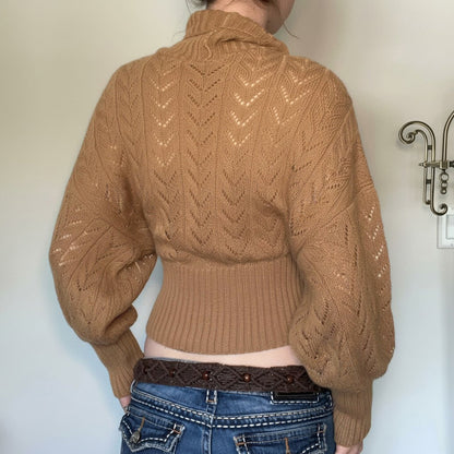 Damen Rollkragen Pullover in Khaki mit Lochmuster und Ballonärmeln