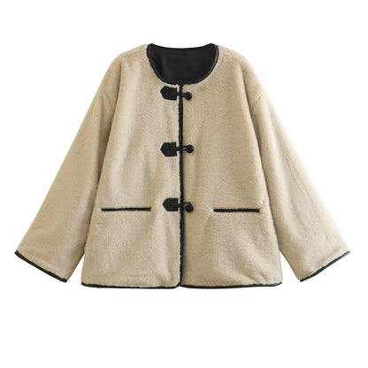 Damen Kurzjacke mit Fell-Optik, beigefarben, Rundhalsausschnitt, Knebelknöpfe