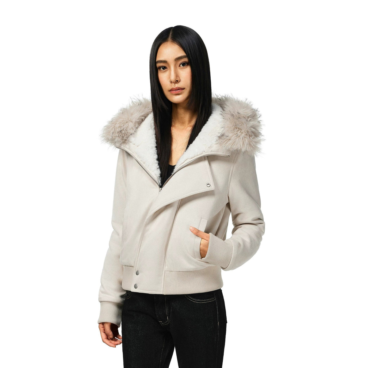 Damen Bomberjacke mit Kapuze, Kunstfellbesatz und Reißverschluss